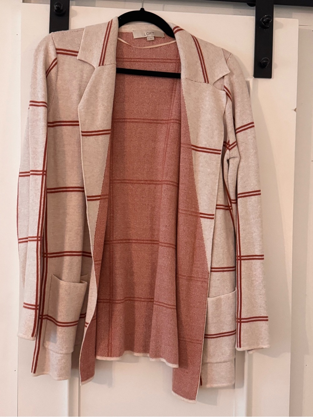 LOFT Cream Cardigan with Rust Plaid Accents
